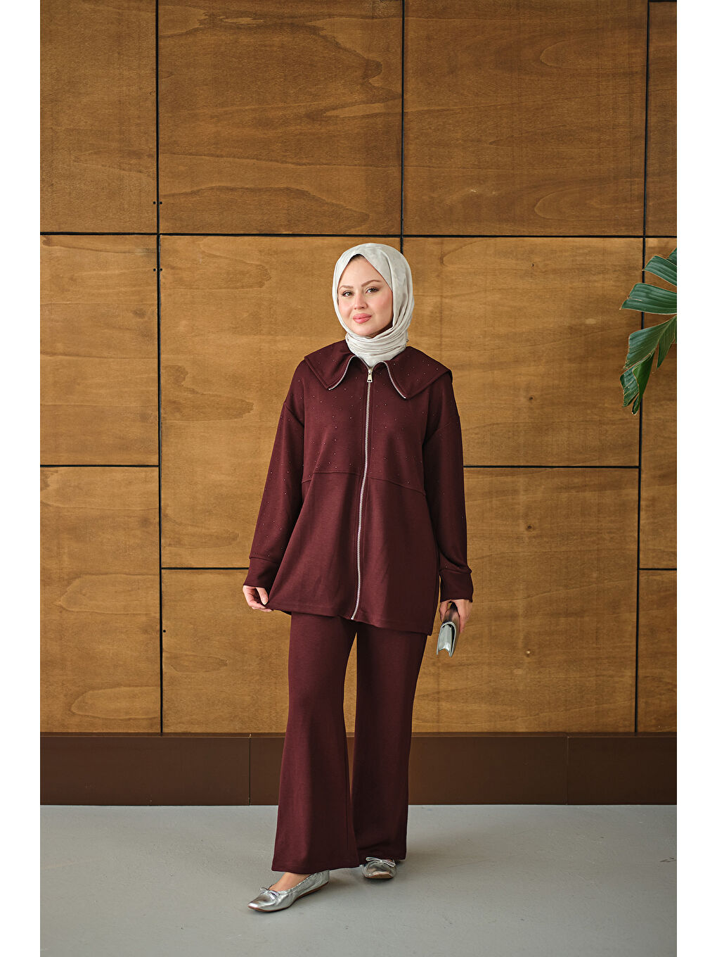 Kadın Gemici Yaka Taşlı Takım Bordo-3