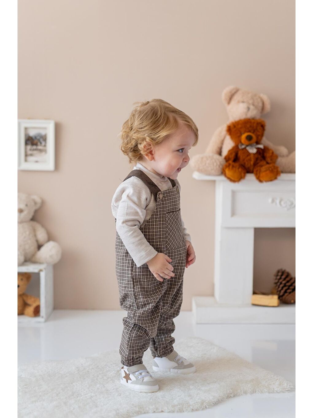 Kahverengi Erkek Bebek Ekose Desen Salopet Ve T-Shirt Takım - Kahve