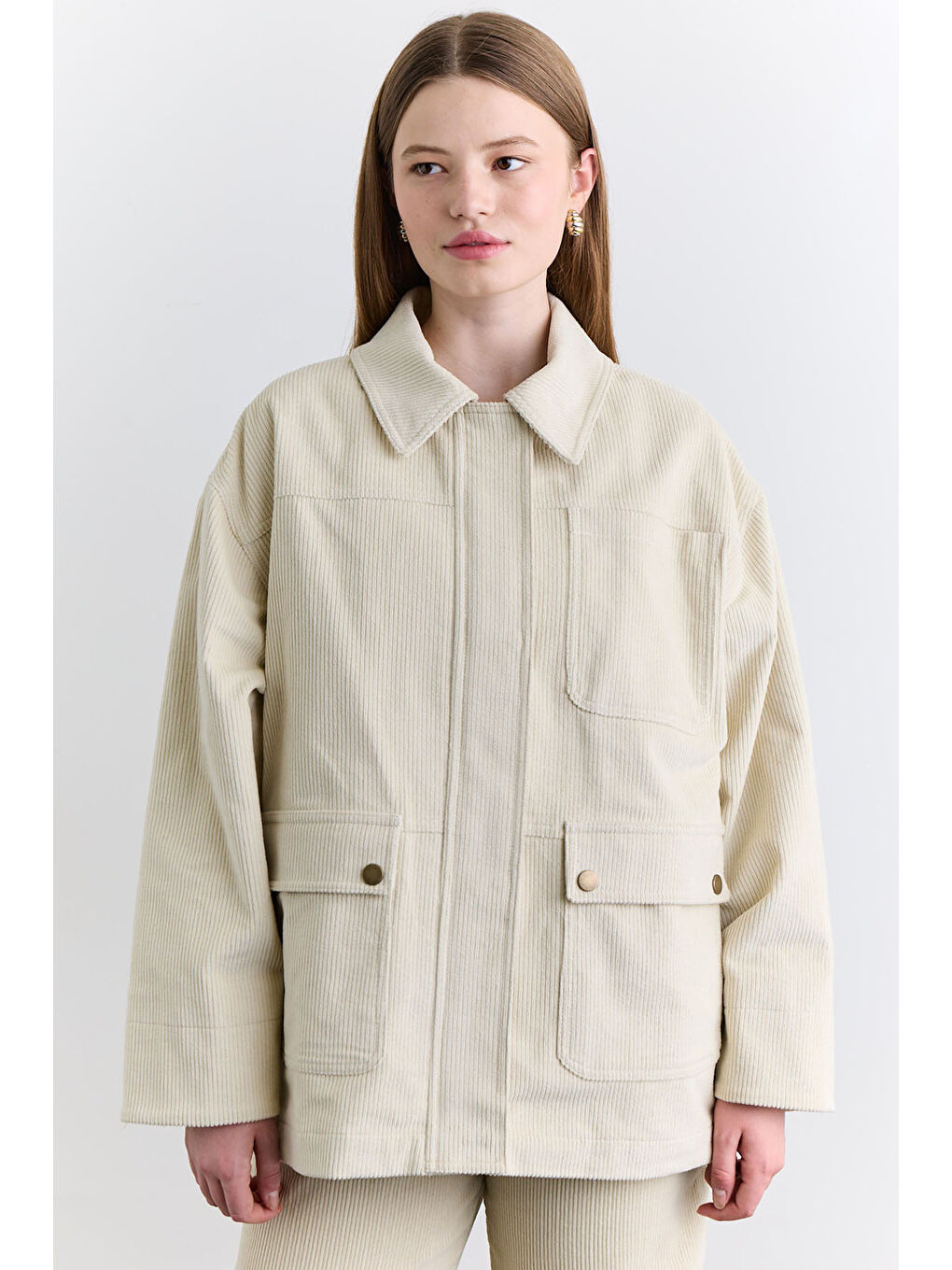 Bej Kadife Worker Ceket Vanilya-4