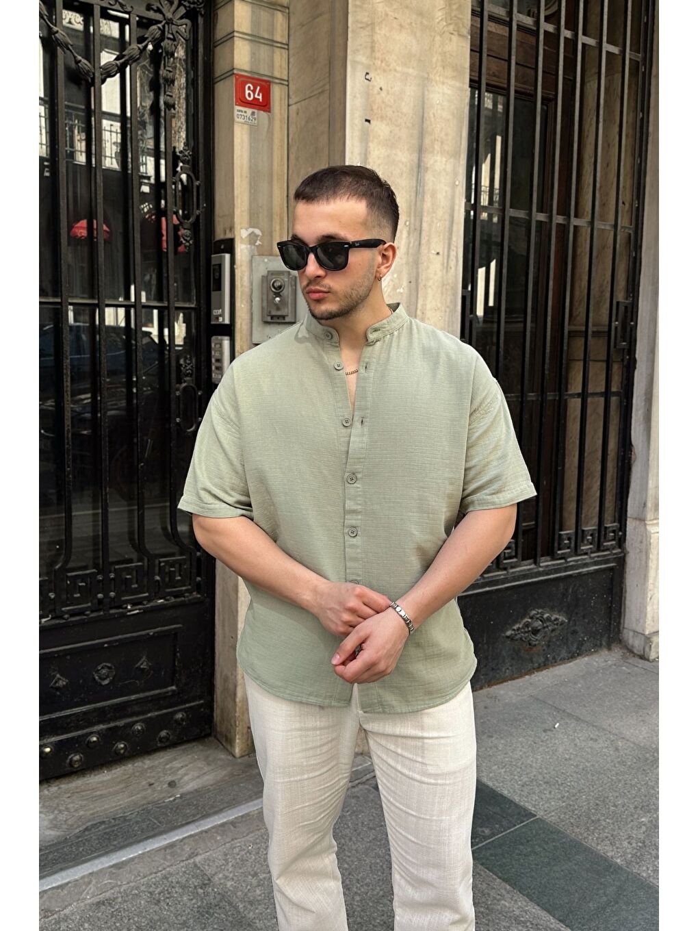 Yeşil Mingan Erkek Yazlık Pamuk Gömlek Hakim Yaka kısa kol Düğmeli Rahat Kalıp-2