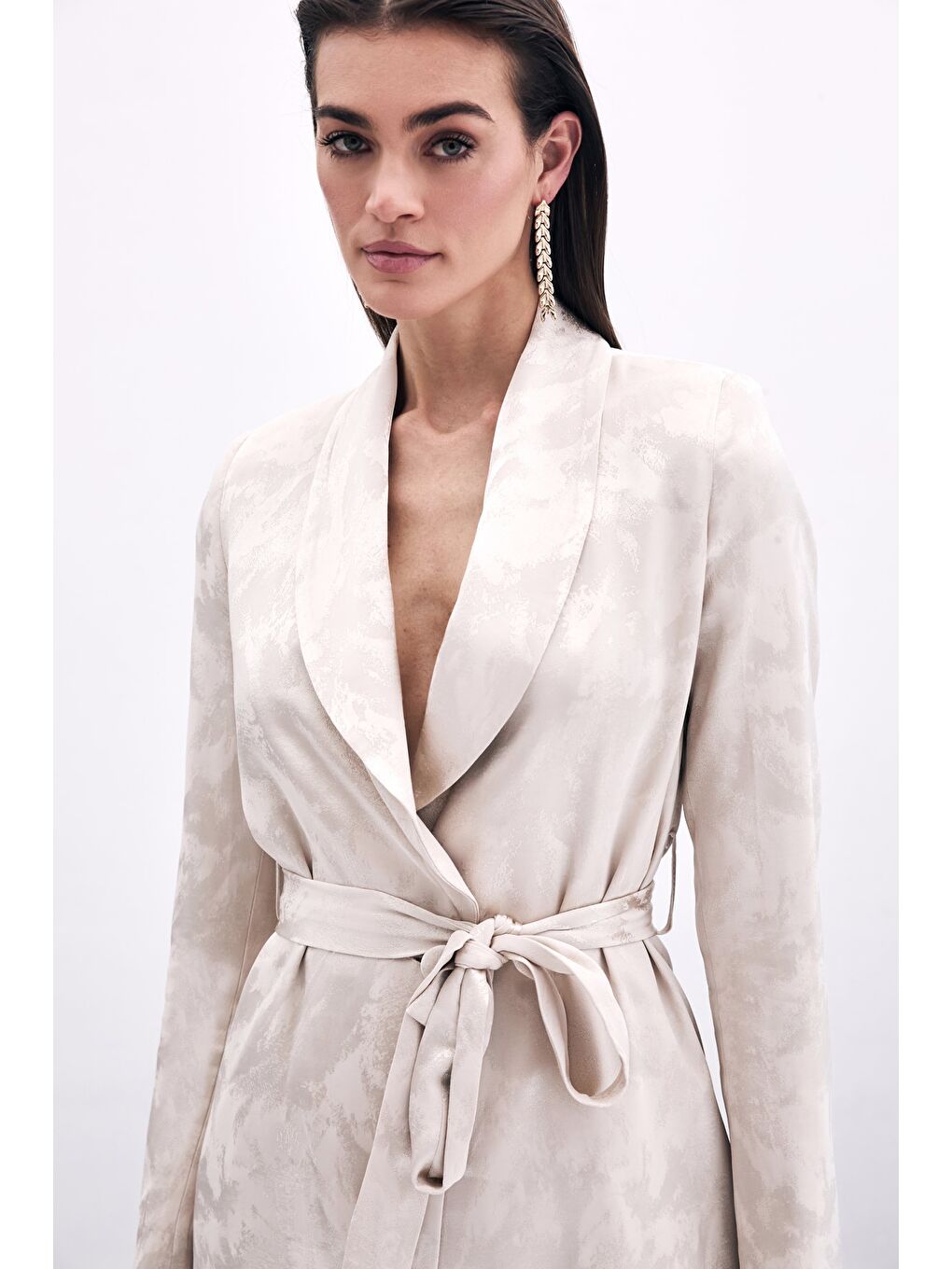 Bağlamalı Jakarlı Ceket - Bej