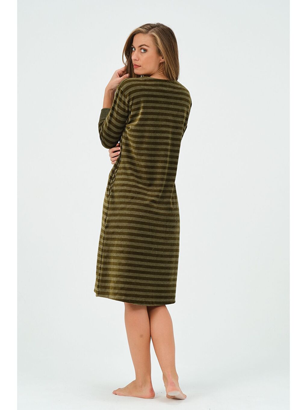 Yeşil Kadın Lacivert Çizgili Fermuarlı Cepli Kadife Elbise-4