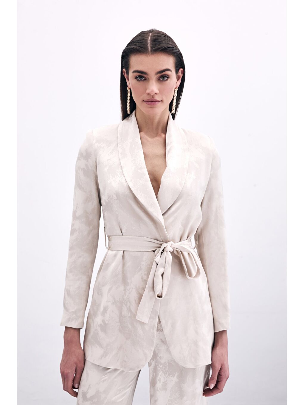 Bağlamalı Jakarlı Ceket - Bej-1