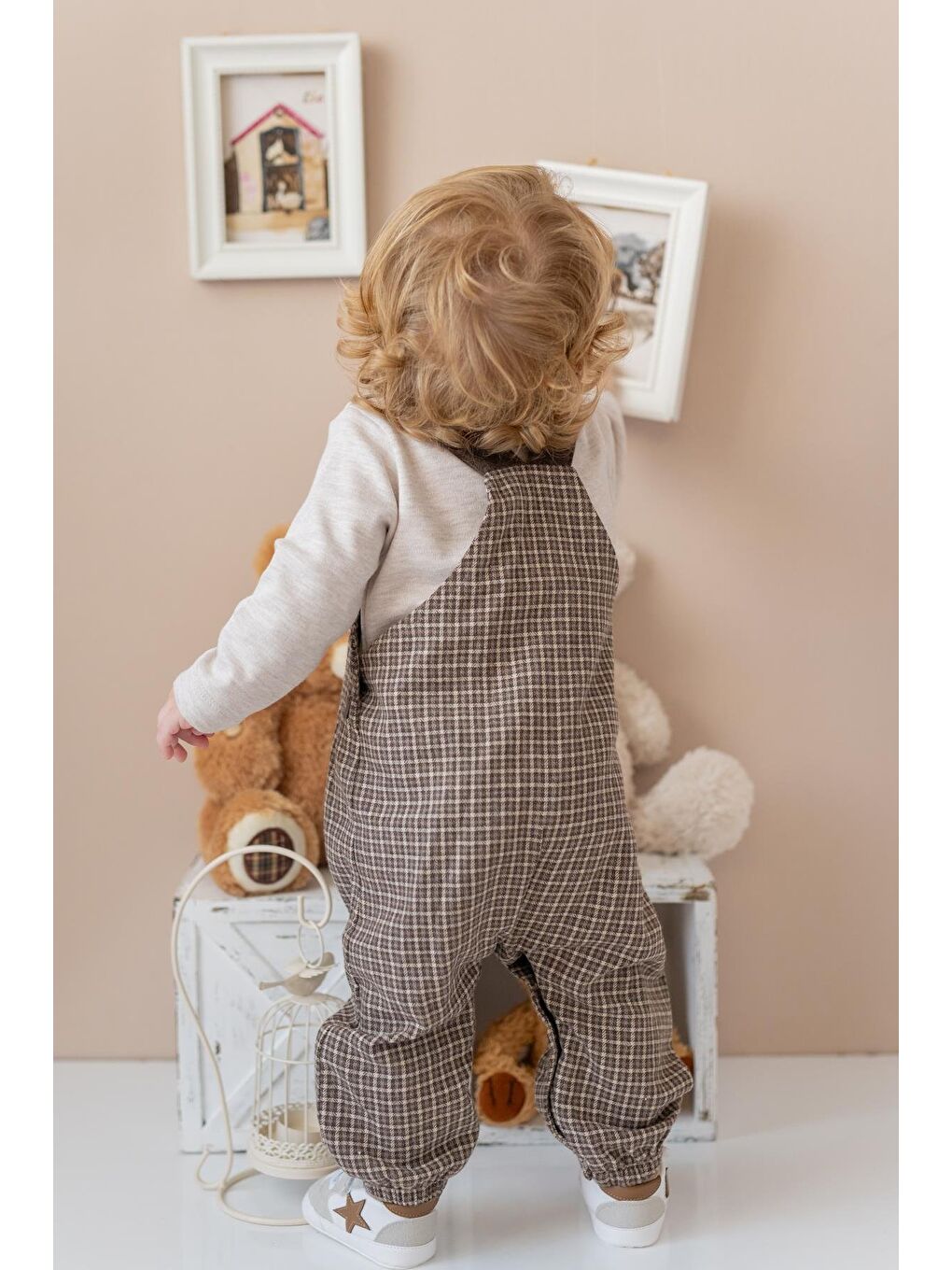 Kahverengi Erkek Bebek Ekose Desen Salopet Ve T-Shirt Takım - Kahve-1