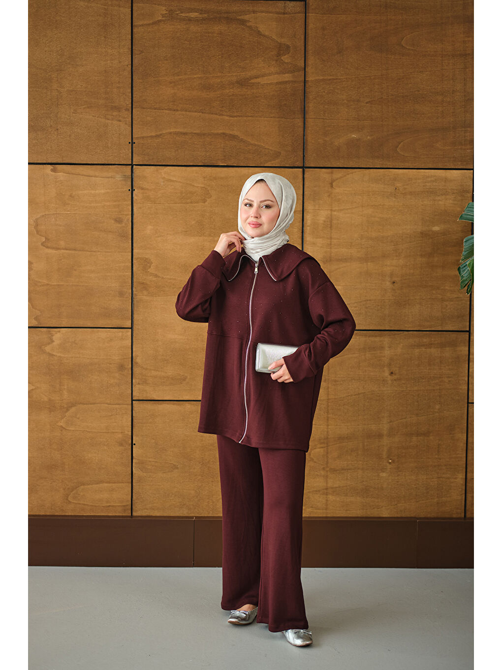 Kadın Gemici Yaka Taşlı Takım Bordo-4