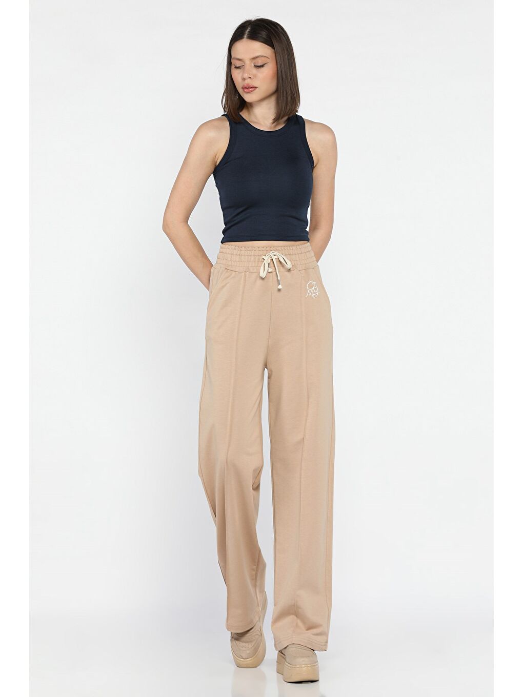 Bej Kadın Yüksek Bel Çimalı Palazzo Eşofman Altı-1