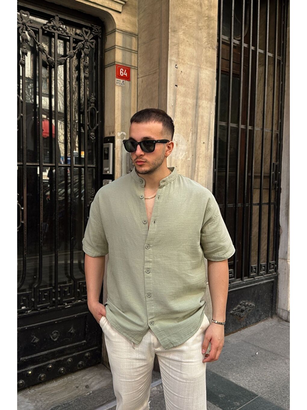 Yeşil Mingan Erkek Yazlık Pamuk Gömlek Hakim Yaka kısa kol Düğmeli Rahat Kalıp-3