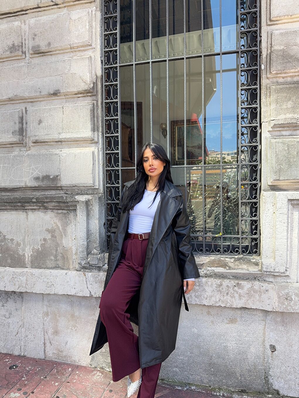 Siyah Kuşaklı Uzun Deri Pardösü-3