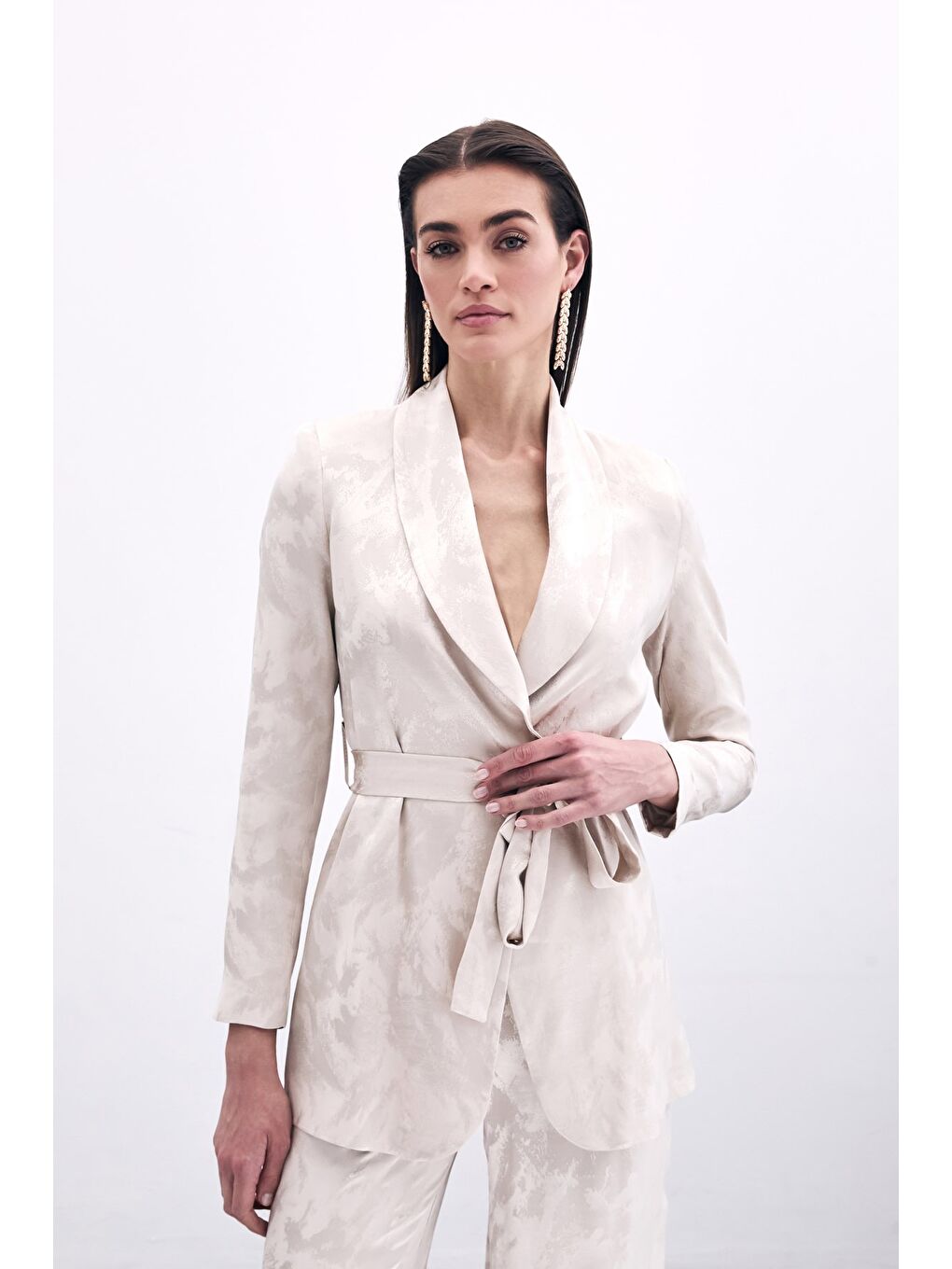 Bağlamalı Jakarlı Ceket - Bej-2