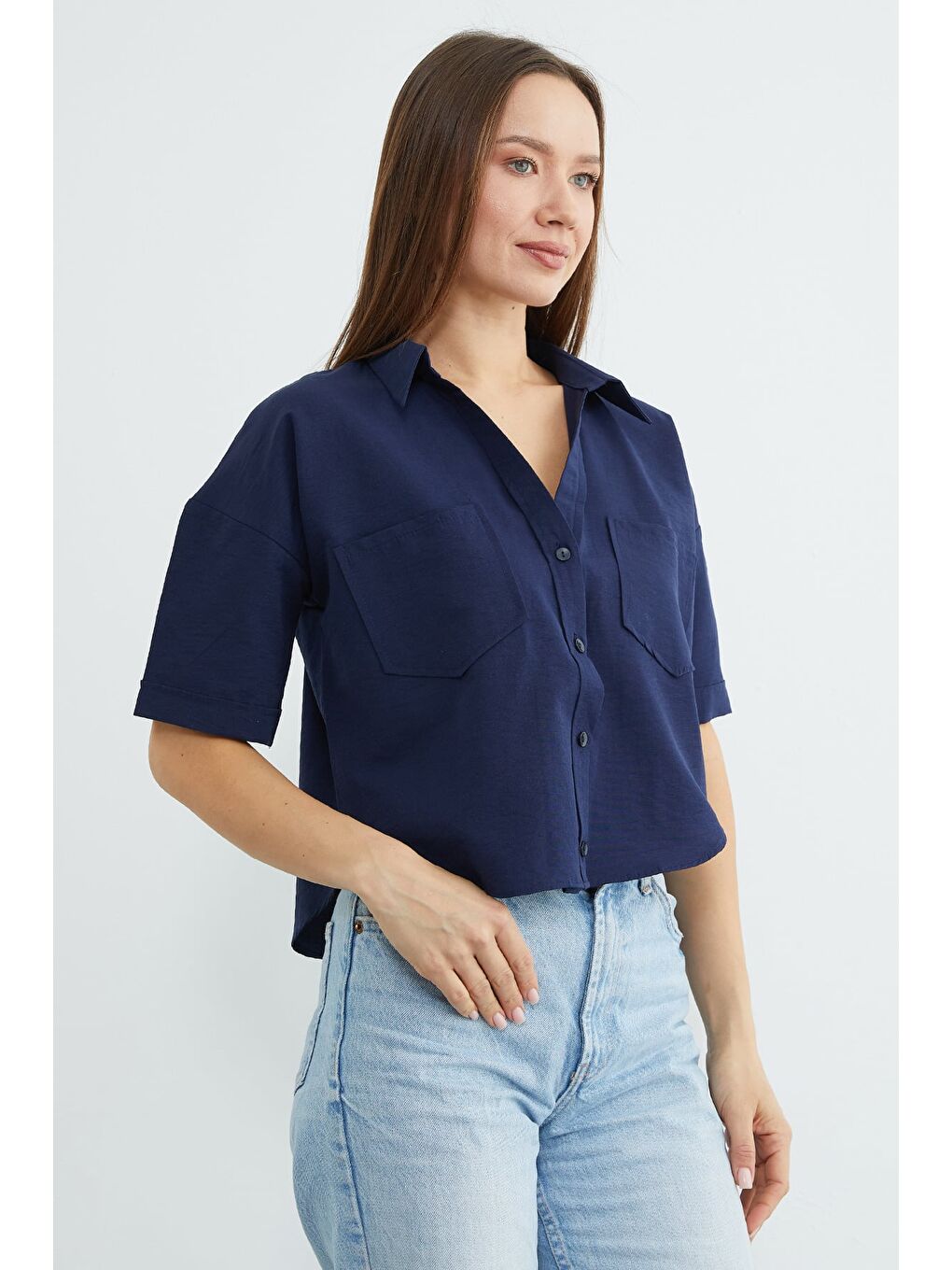 Lacivert Çift Cepli Oversize Crop Gömlek-2