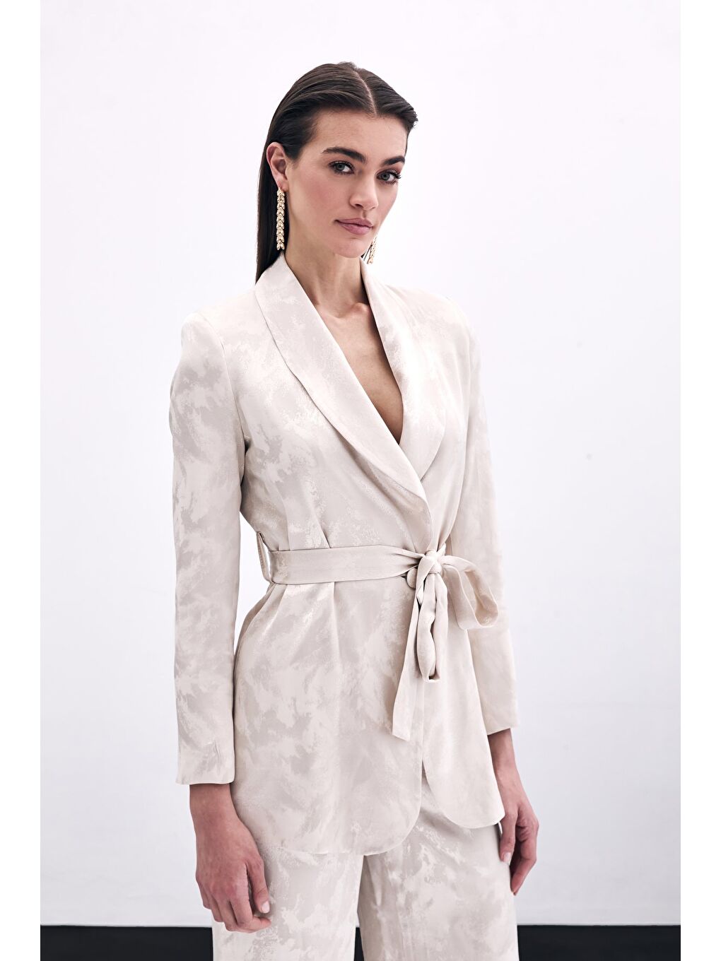 Bağlamalı Jakarlı Ceket - Bej-3