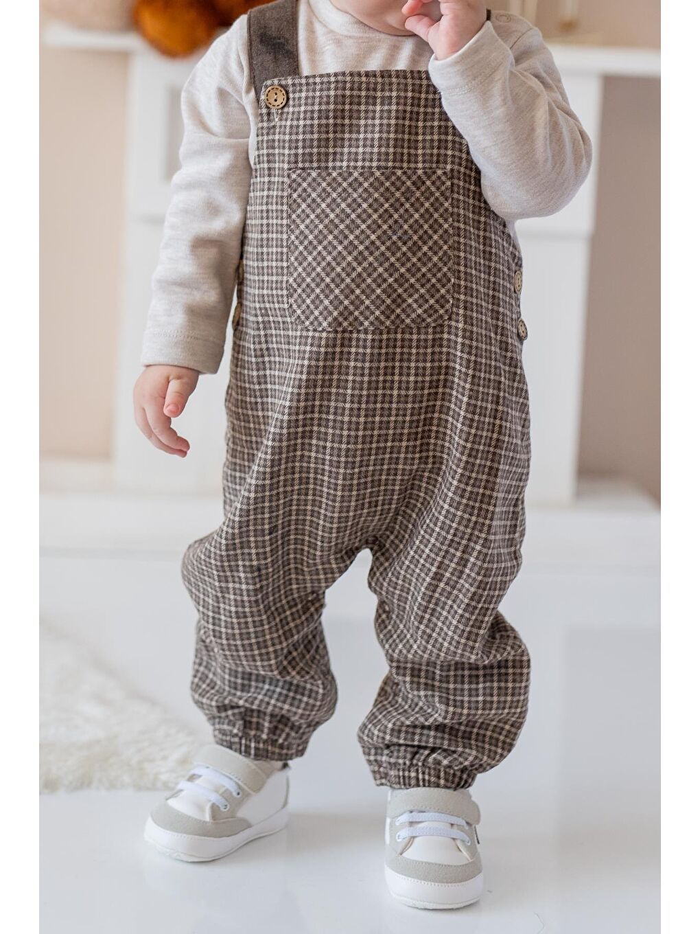 Kahverengi Erkek Bebek Ekose Desen Salopet Ve T-Shirt Takım - Kahve-2