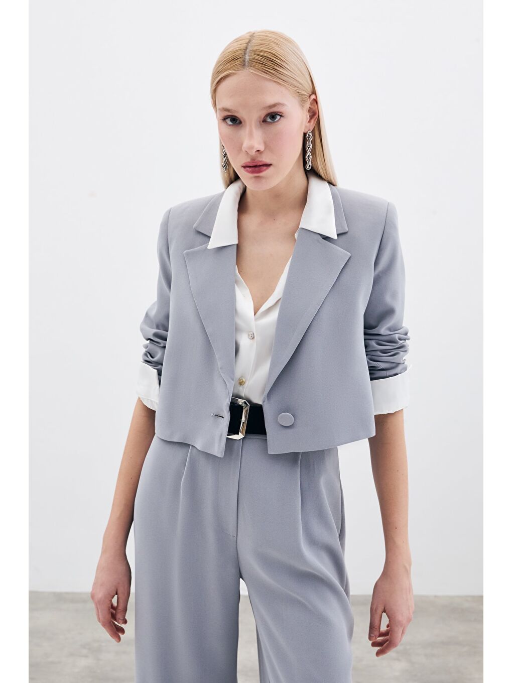 Kısa Krep Ceket - Gri-1