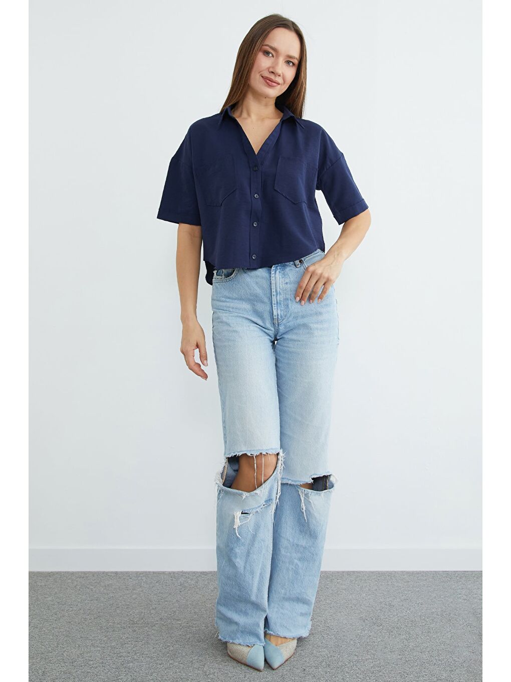 Lacivert Çift Cepli Oversize Crop Gömlek-3