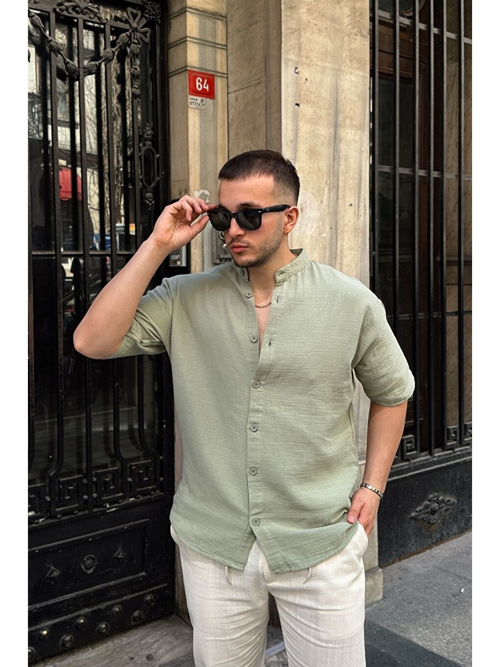Yeşil Mingan Erkek Yazlık Pamuk Gömlek Hakim Yaka kısa kol Düğmeli Rahat Kalıp-4