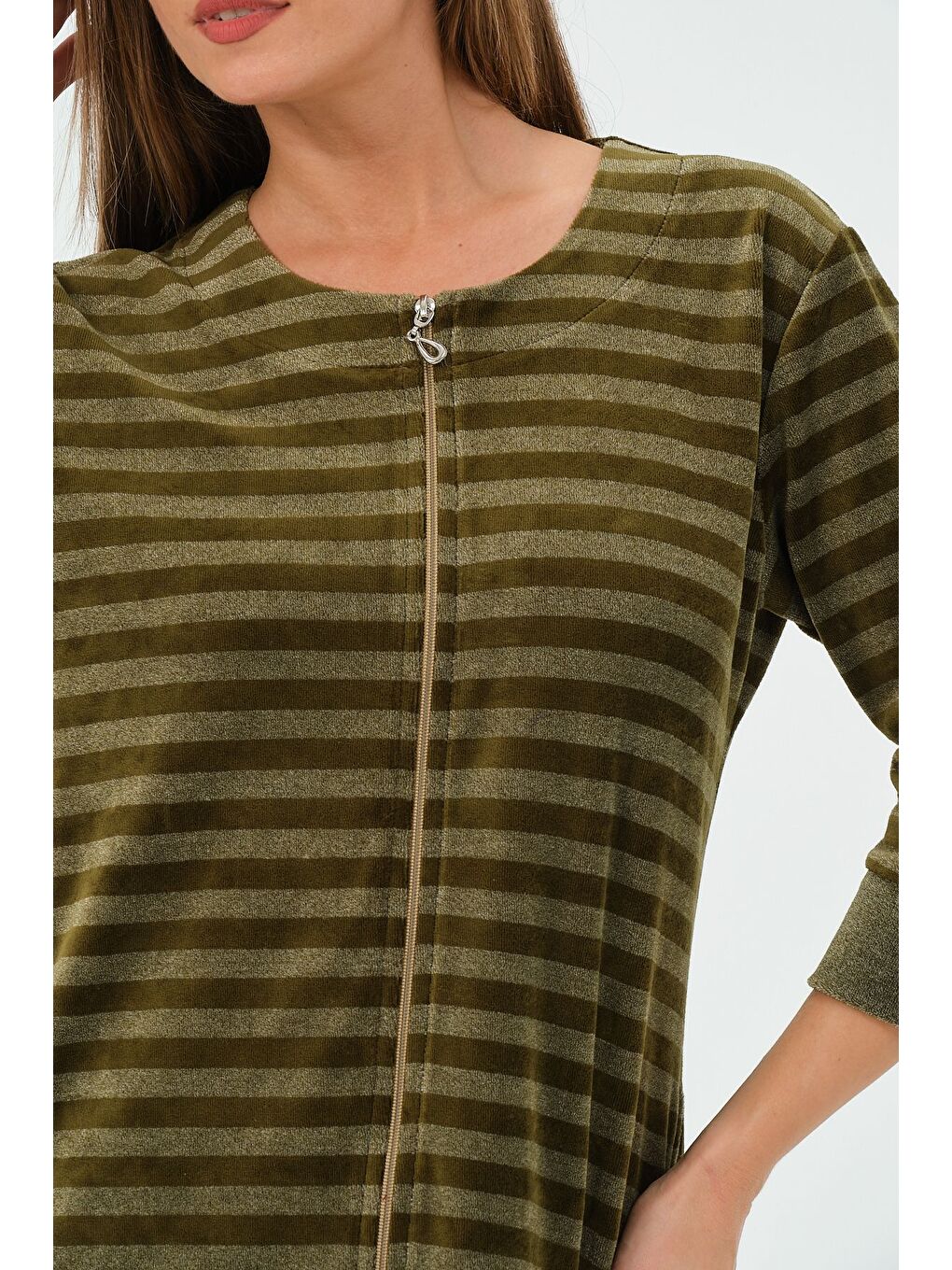 Yeşil Kadın Lacivert Çizgili Fermuarlı Cepli Kadife Elbise-5