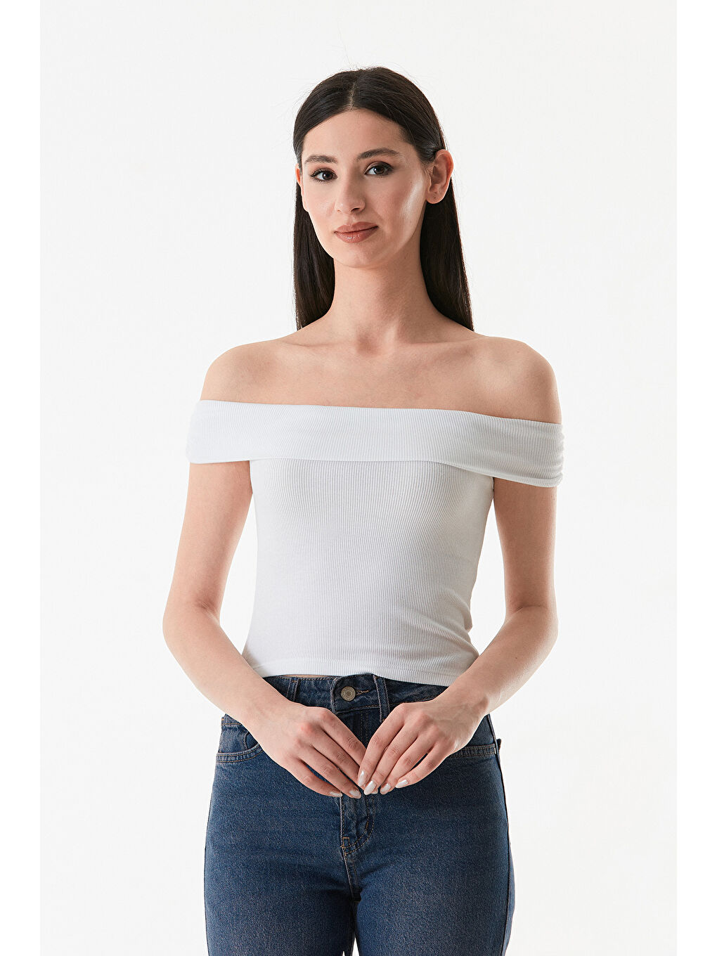 Beyaz Basic Madonna Yaka Bluz-2