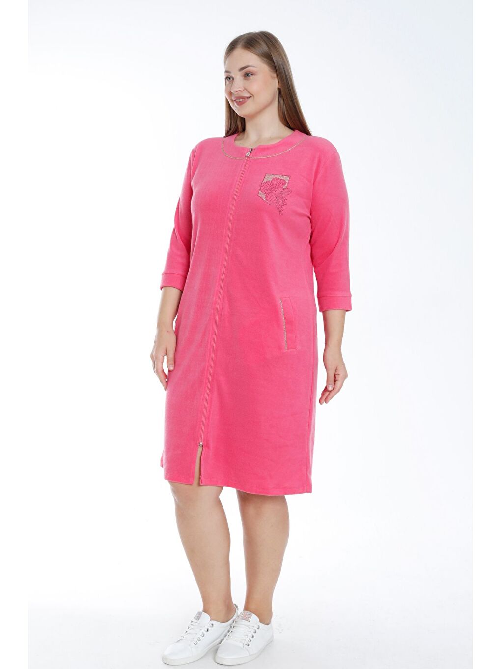 Pembe Kadın Turkuaz Fermuarlı Truvakar Kollu Cepli Biyeli Taşlı Pamuklu Havlu Büyük Beden Elbise-2