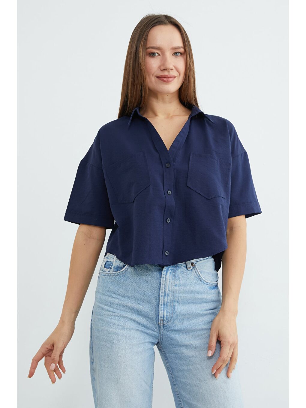 Lacivert Çift Cepli Oversize Crop Gömlek-4