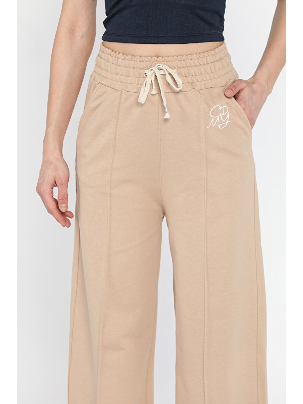 Bej Kadın Yüksek Bel Çimalı Palazzo Eşofman Altı-3