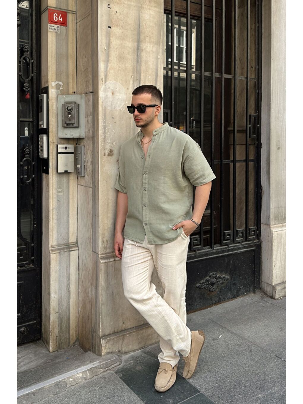 Yeşil Mingan Erkek Yazlık Pamuk Gömlek Hakim Yaka kısa kol Düğmeli Rahat Kalıp-5