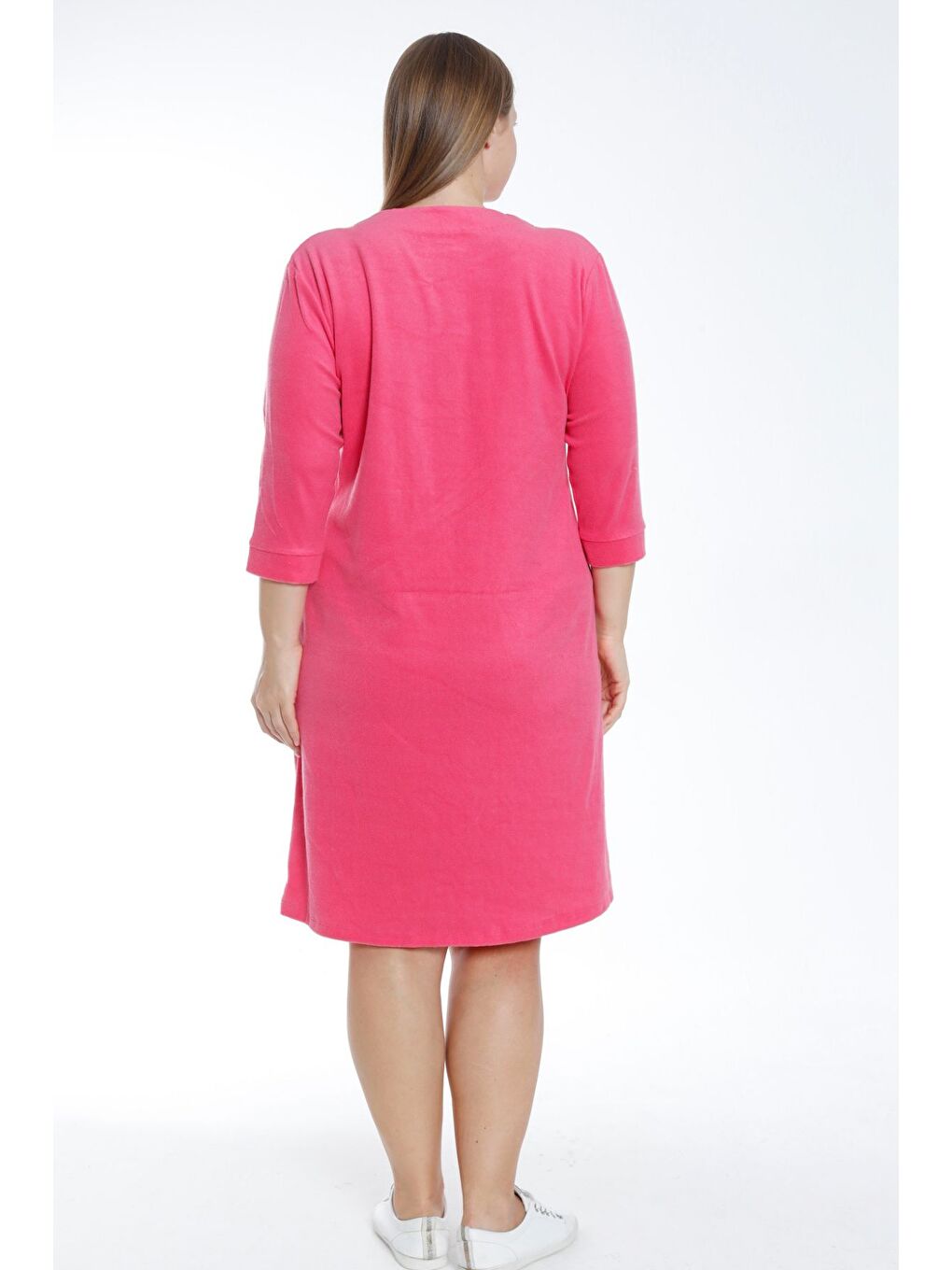 Pembe Kadın Turkuaz Fermuarlı Truvakar Kollu Cepli Biyeli Taşlı Pamuklu Havlu Büyük Beden Elbise-3