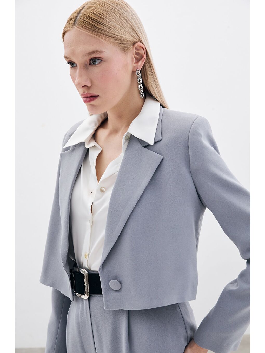 Kısa Krep Ceket - Gri-5