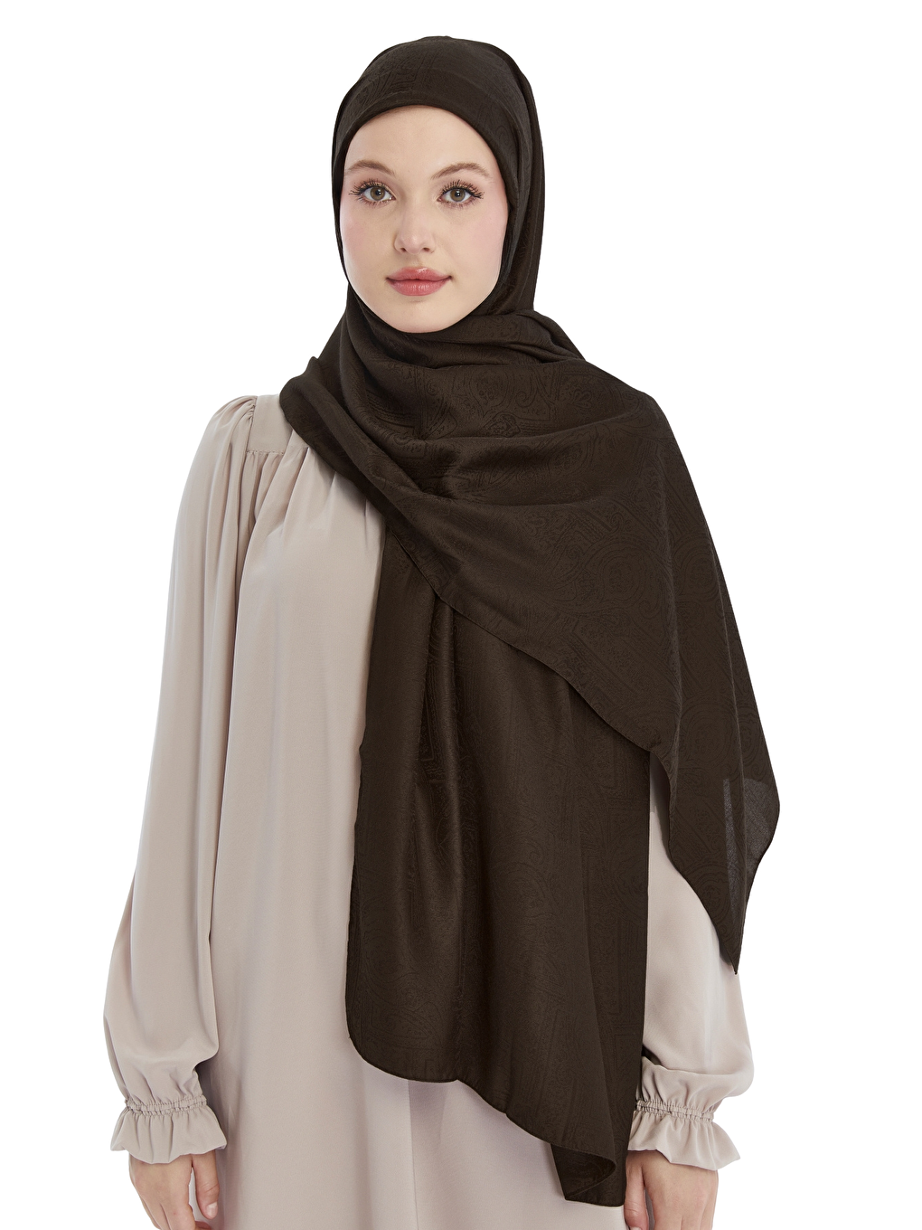 Kahverengi Monogram Etnik Desen Şal-3