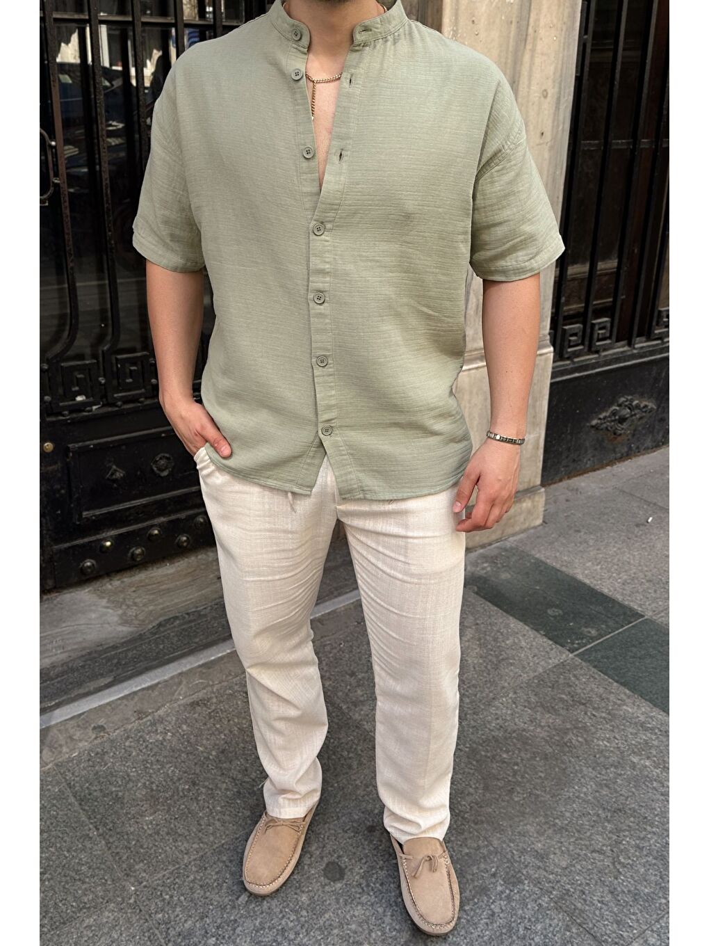 Yeşil Mingan Erkek Yazlık Pamuk Gömlek Hakim Yaka kısa kol Düğmeli Rahat Kalıp-6