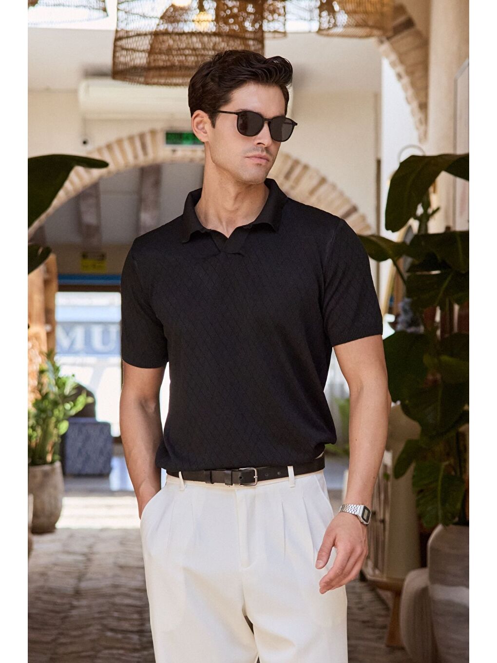 Siyah Onor Erkek Kendinden Desenli Polo Yaka Triko Tişört Geniş Kalıp Hafif Doku