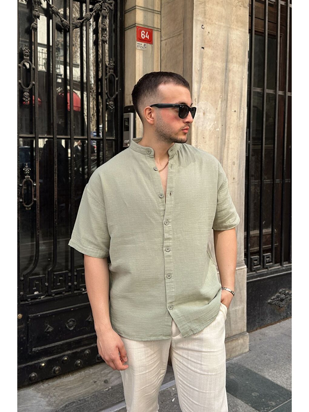 Yeşil Mingan Erkek Yazlık Pamuk Gömlek Hakim Yaka kısa kol Düğmeli Rahat Kalıp-7