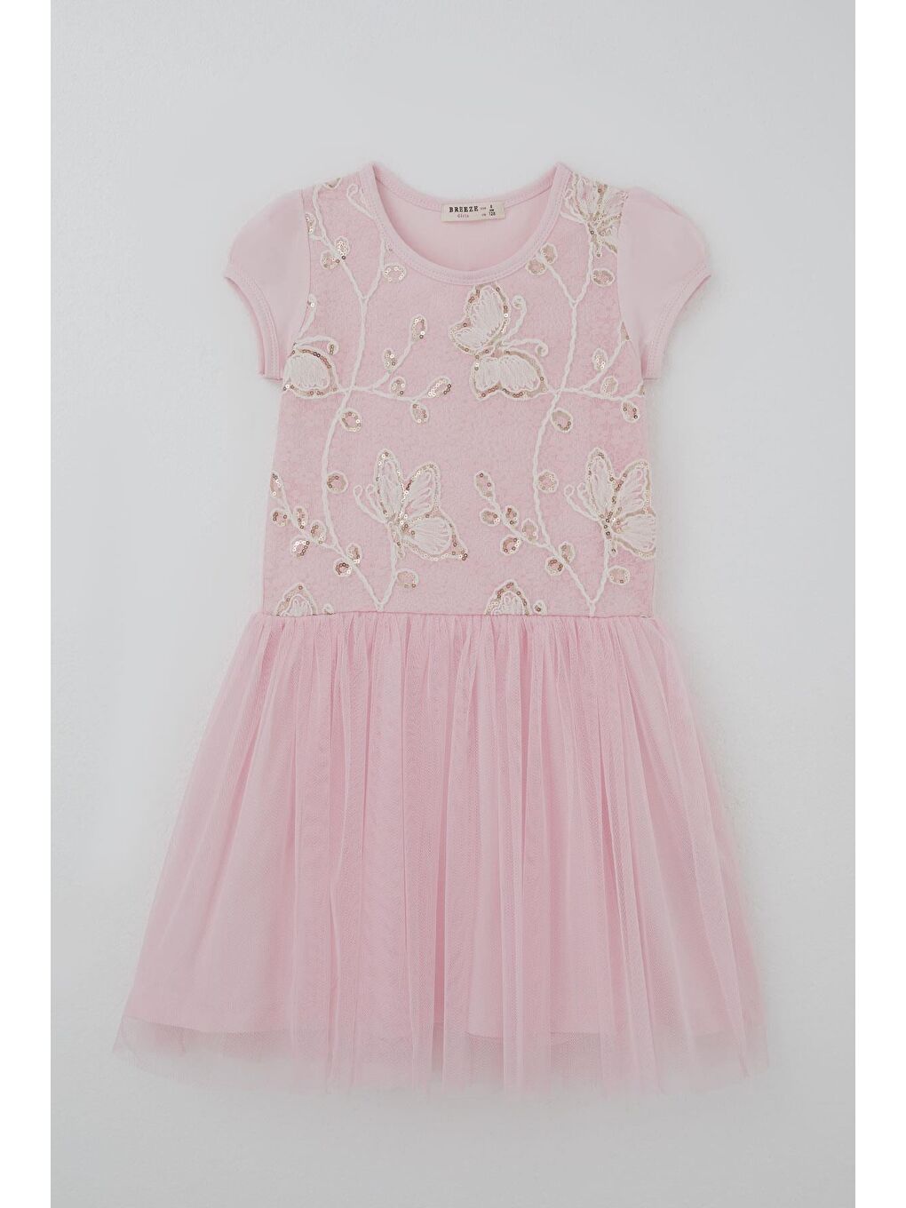 Kız Çocuk Elbise Pullu Kelebek İşlemeli Tülü Çiçek Detaylı Pembe (6-12 Yaş)