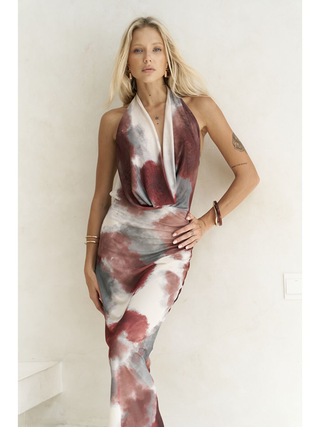 Galagher Degaje Bordo Uzun Elbise-5