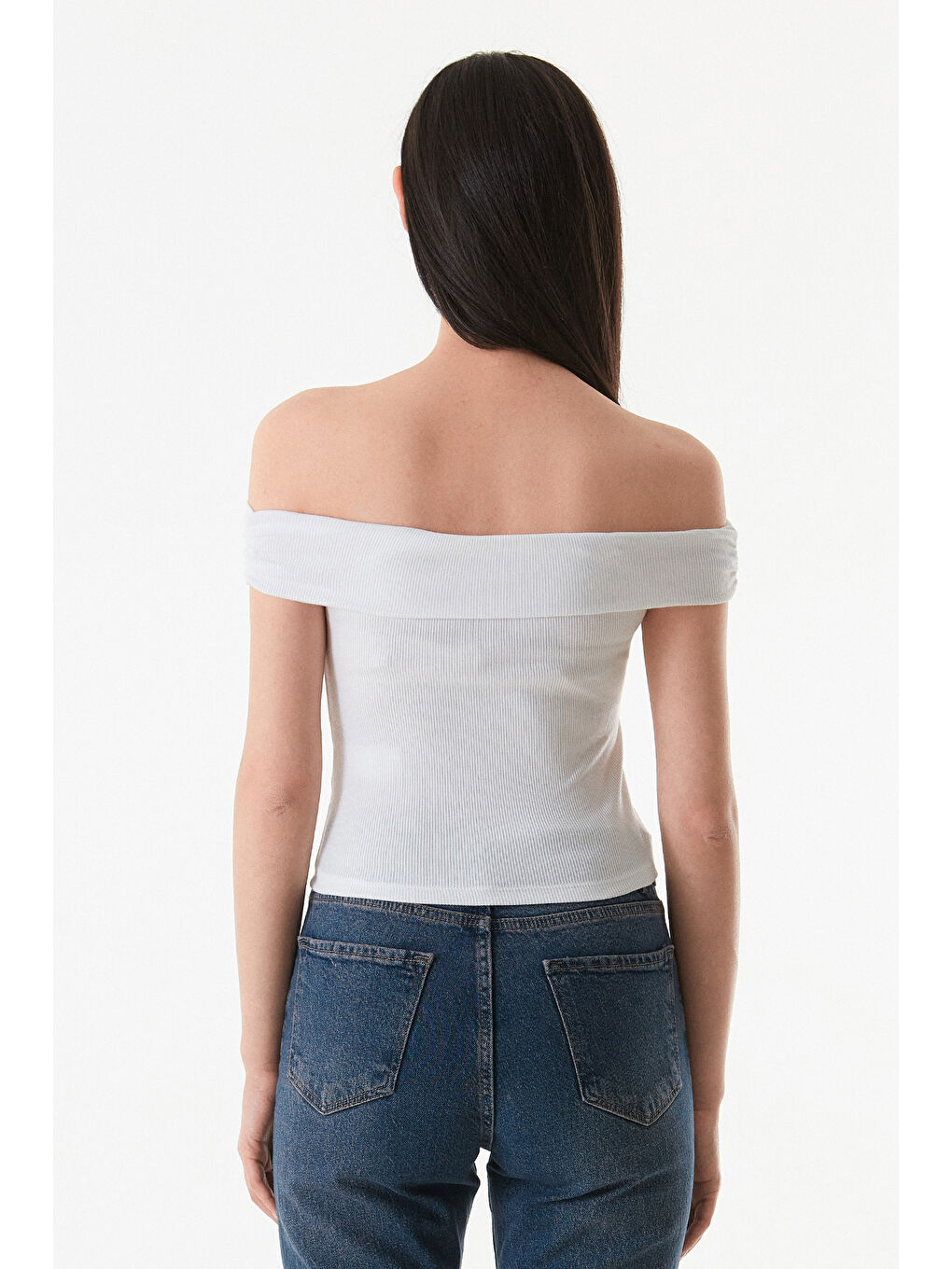 Beyaz Basic Madonna Yaka Bluz-4