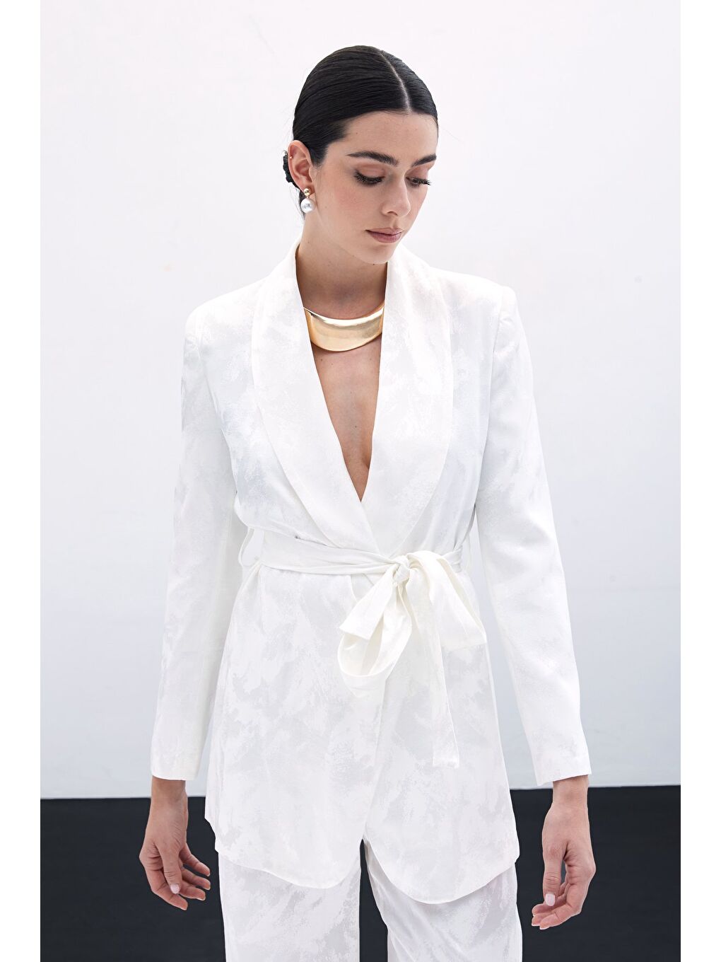 Bağlamalı Jakarlı Ceket - Ekru-1