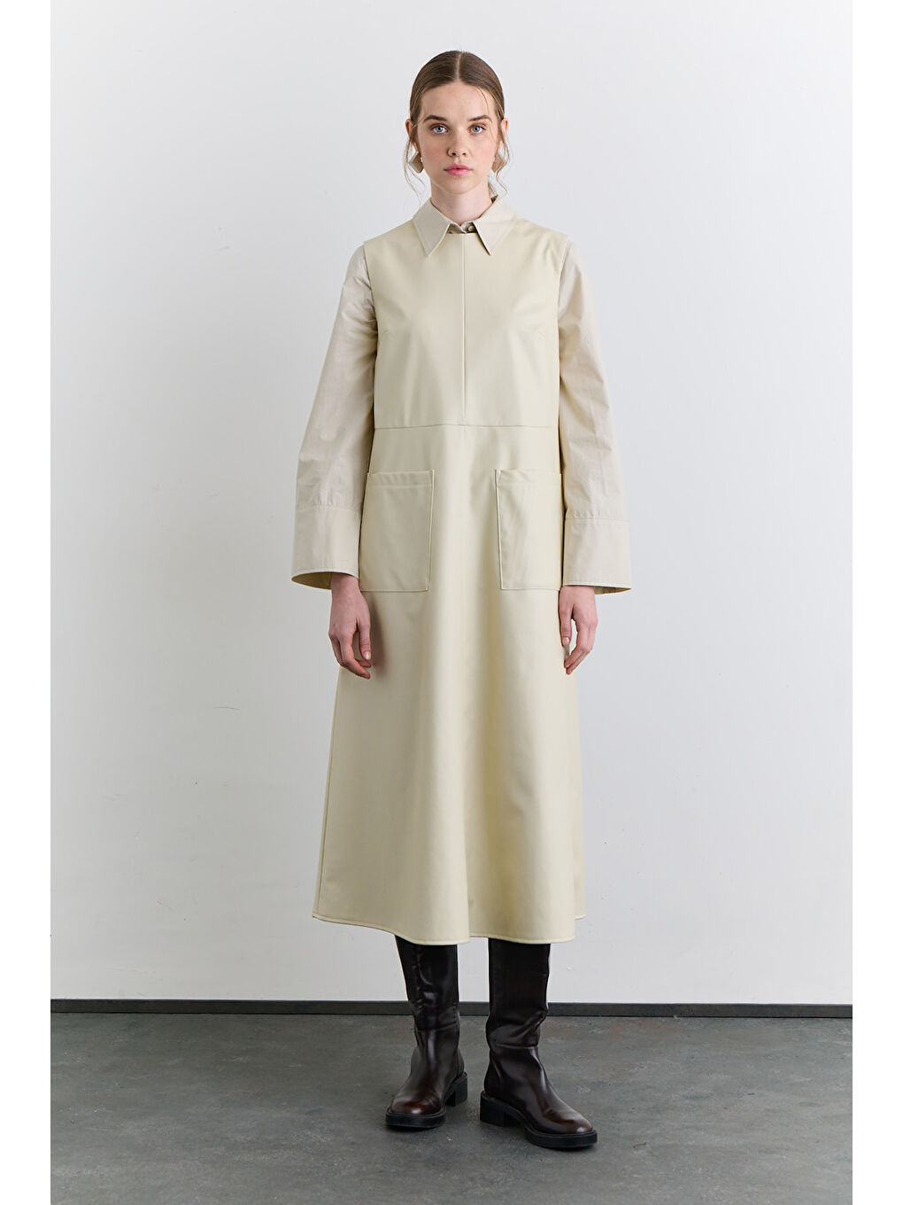 Bej Cep Detaylı Deri Elbise Vanilya-1