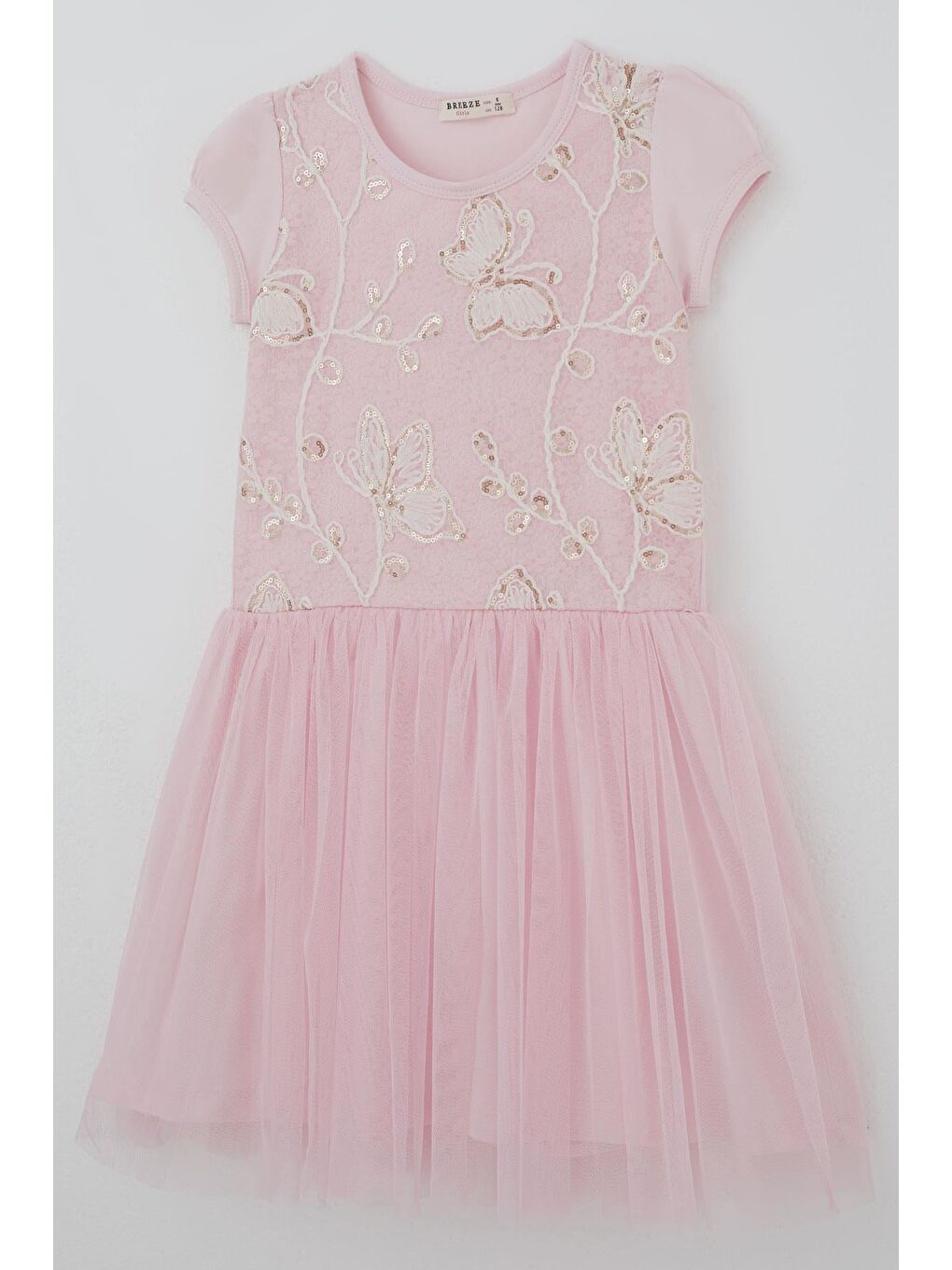 Kız Çocuk Elbise Pullu Kelebek İşlemeli Tülü Çiçek Detaylı Pembe (6-12 Yaş)-2