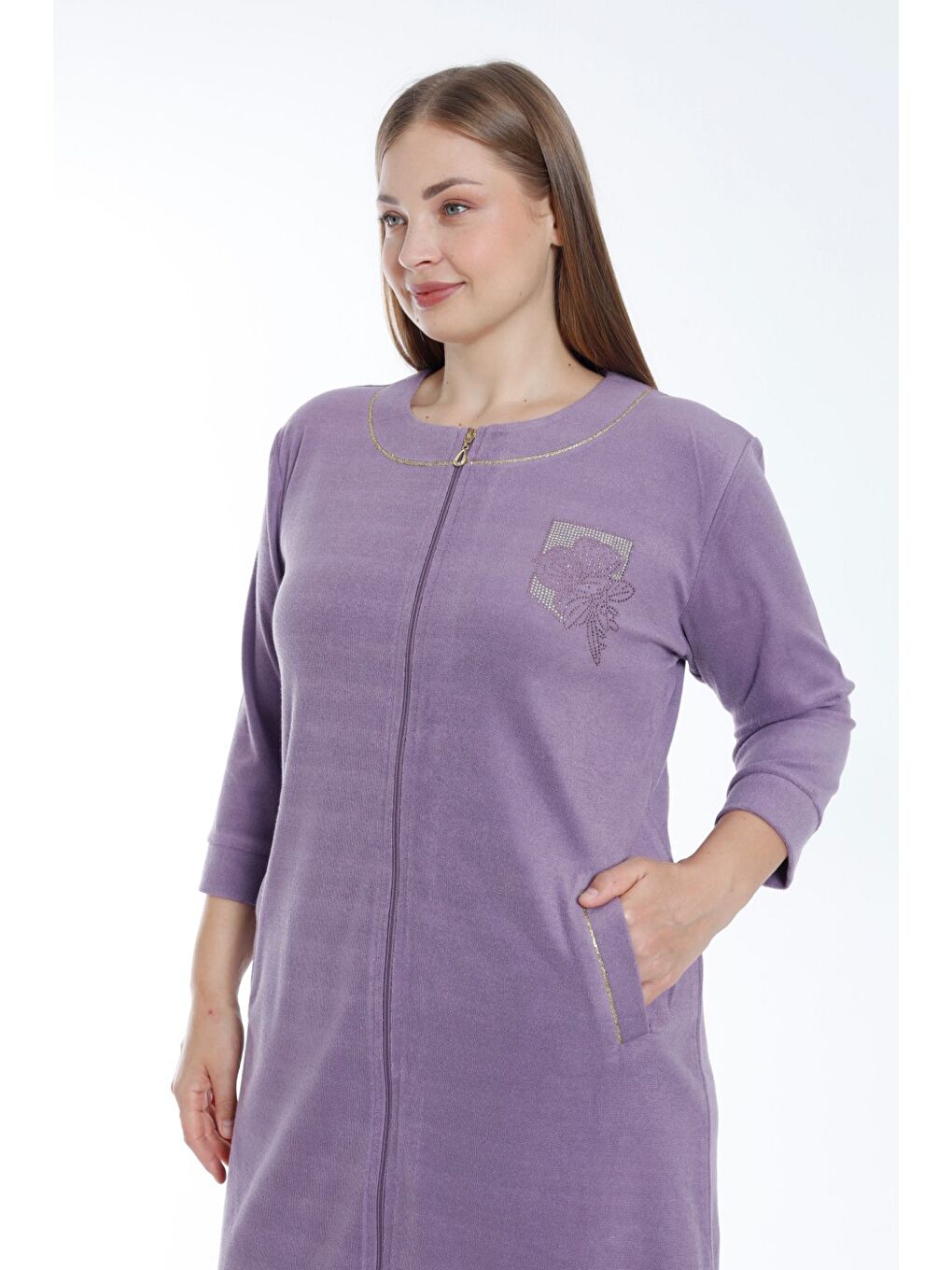 Mor Kadın Turkuaz Fermuarlı Truvakar Kollu Cepli Biyeli Taşlı Pamuklu Havlu Büyük Beden Elbise-2