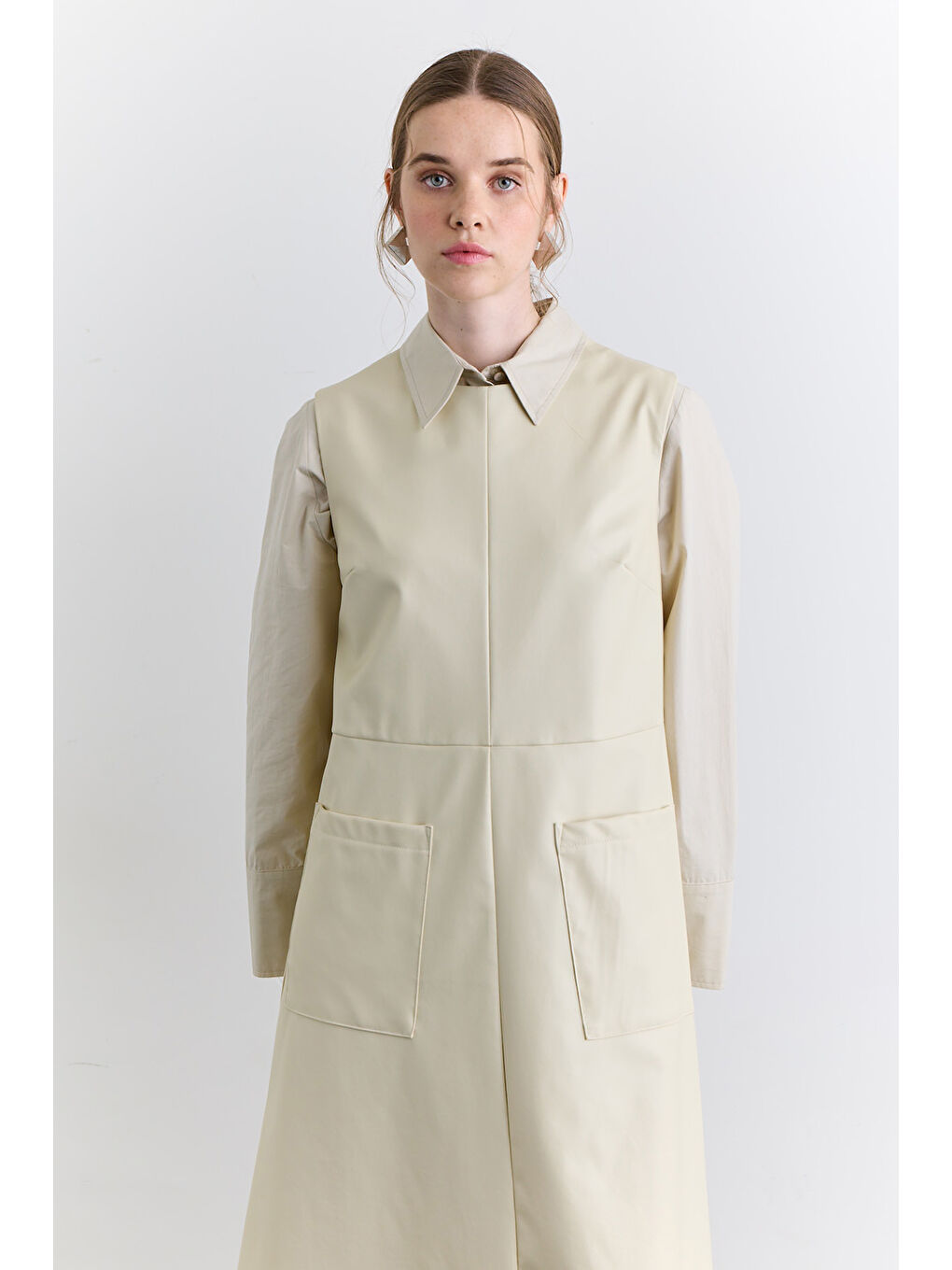 Bej Cep Detaylı Deri Elbise Vanilya-2