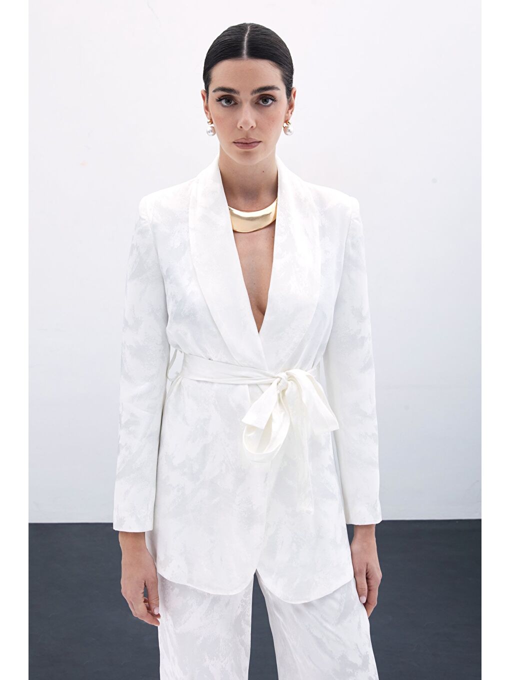 Bağlamalı Jakarlı Ceket - Ekru-3