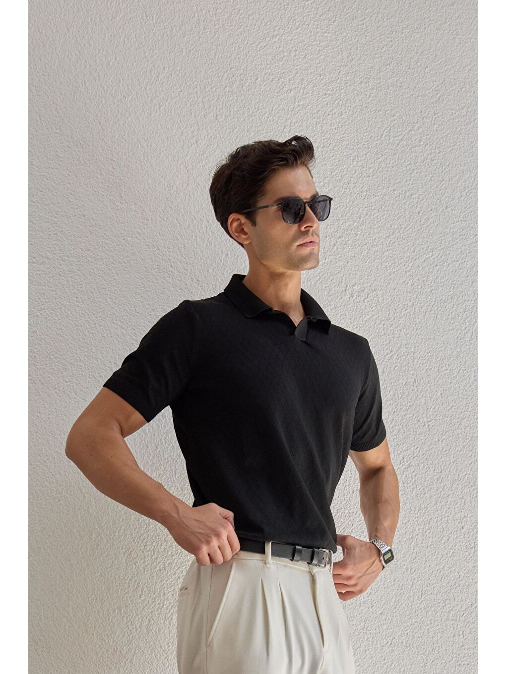 Siyah Onor Erkek Kendinden Desenli Polo Yaka Triko Tişört Geniş Kalıp Hafif Doku-1