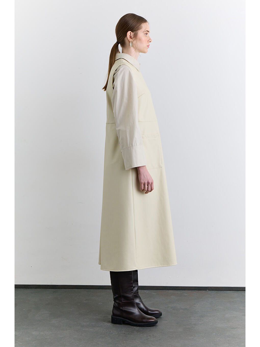 Bej Cep Detaylı Deri Elbise Vanilya-3