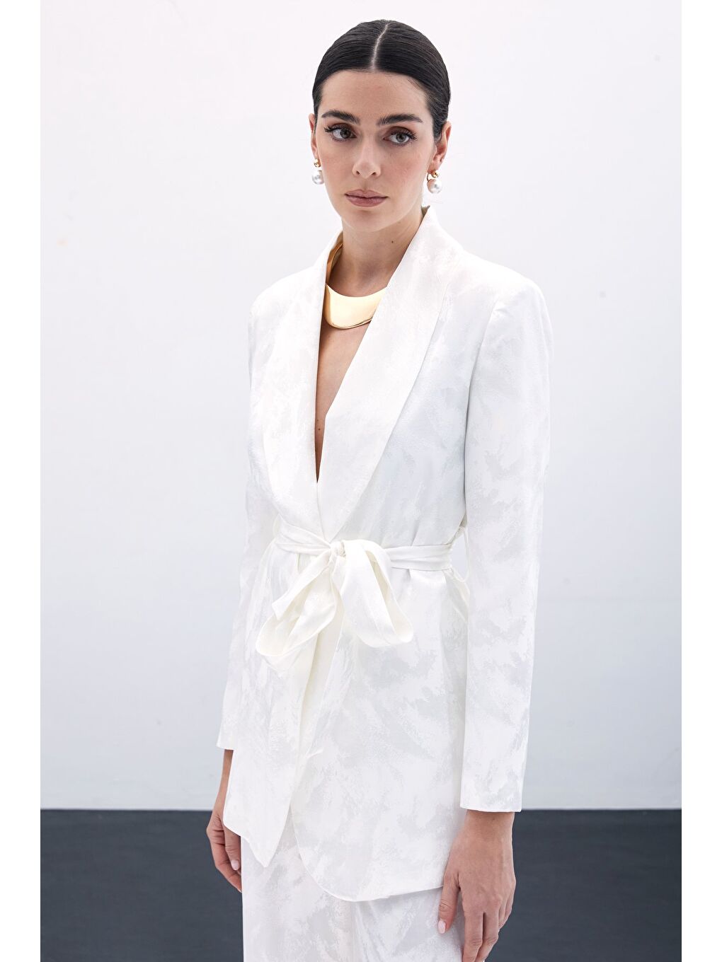 Bağlamalı Jakarlı Ceket - Ekru-4