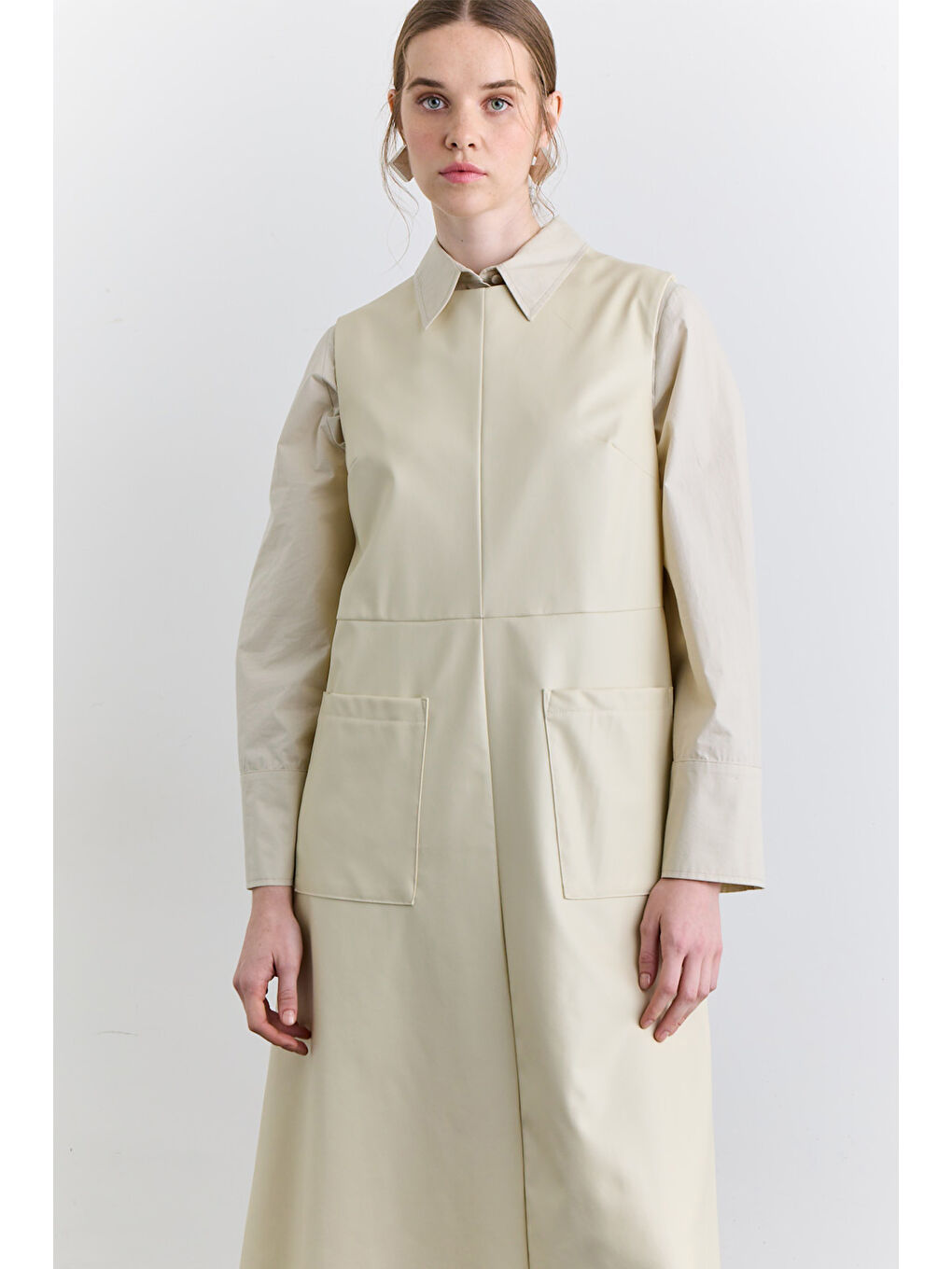 Bej Cep Detaylı Deri Elbise Vanilya-4