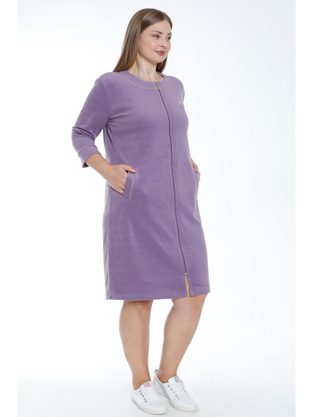 Mor Kadın Turkuaz Fermuarlı Truvakar Kollu Cepli Biyeli Taşlı Pamuklu Havlu Büyük Beden Elbise-3