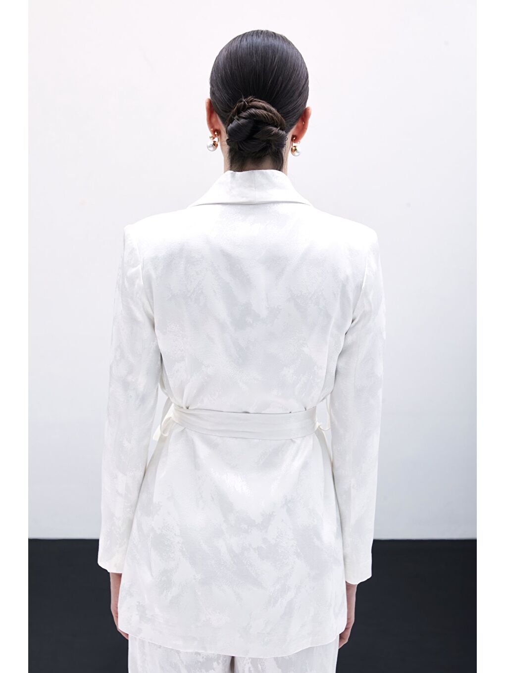 Bağlamalı Jakarlı Ceket - Ekru-5