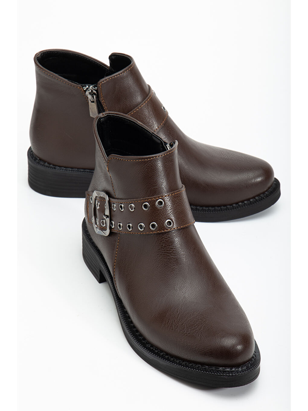 Kahverengi Kadın Kahve Cilt Kalın Termo Taban Kemer Toka Detaylı Fermuarlı Bot-2