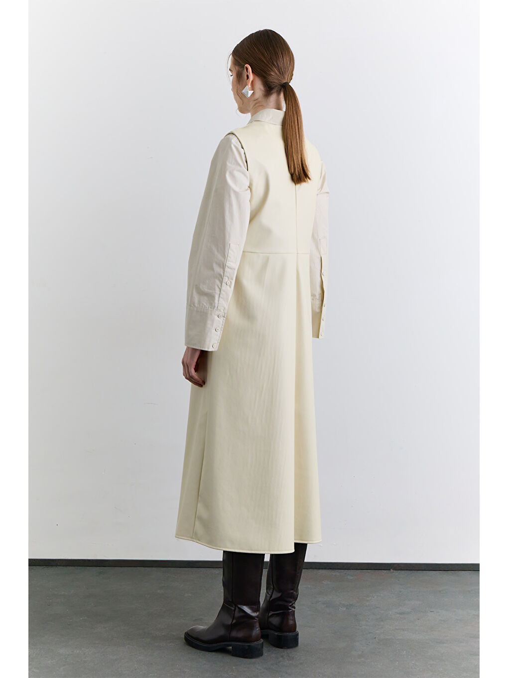 Bej Cep Detaylı Deri Elbise Vanilya-5