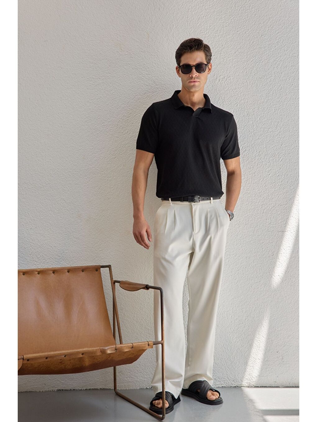 Siyah Onor Erkek Kendinden Desenli Polo Yaka Triko Tişört Geniş Kalıp Hafif Doku-2