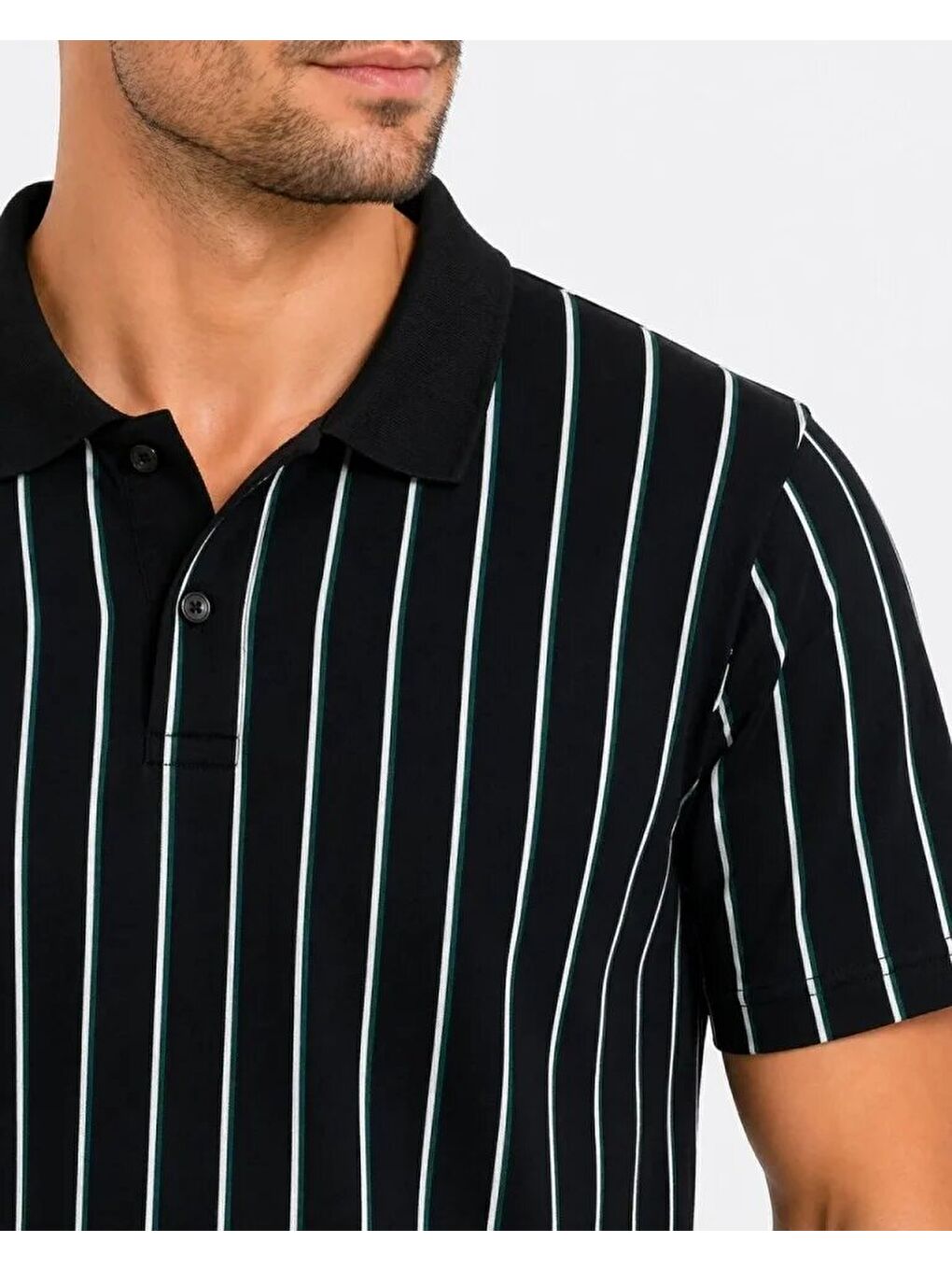 Erkek Pike Kumaş Çizgili Polo Yaka Tişört Kısa Kol Yazlık T-Shirt - Siyah-1